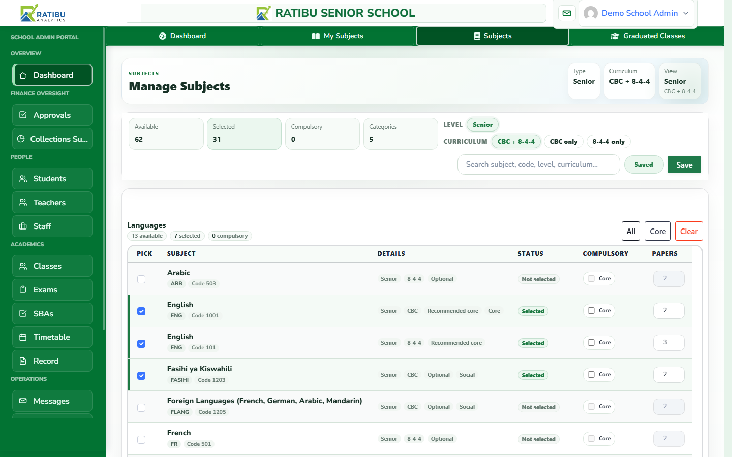 Ratibu subjects management screen
