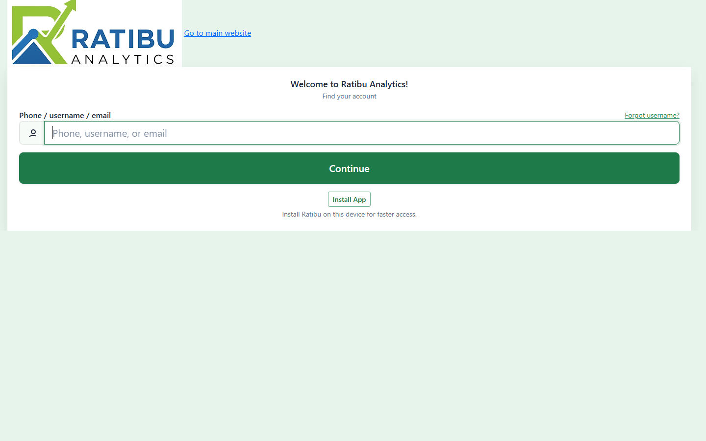 Ratibu login screen — find your account